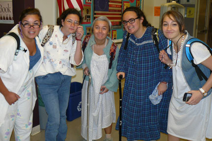 Although todays dress-up theme is Twin Day, many  seniors opted to dress as senior citizens.
