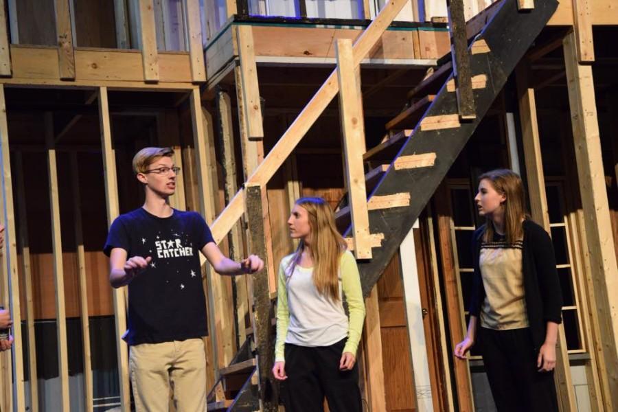 Reilly Branson, Gigi Relic, and Mary Kate Willis practice their scene in Noises Off, Prairie Ridge High School’s 2015 fall play.