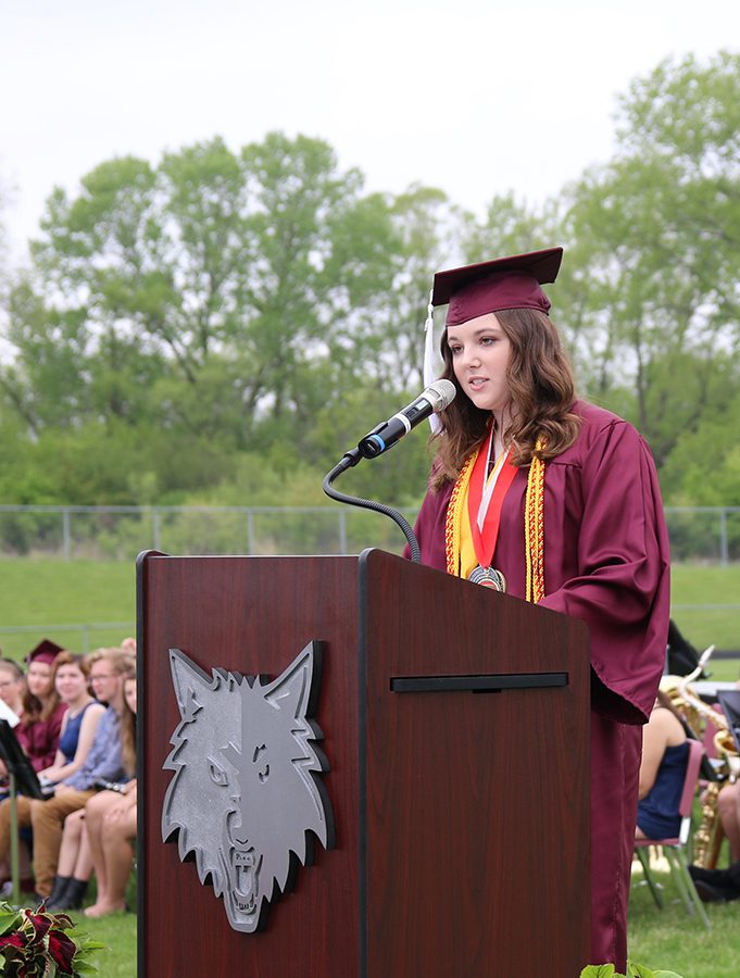 Class of 2018 valedictorian Julia Alvey speaks at graduation on Saturday, May 19, 2018.