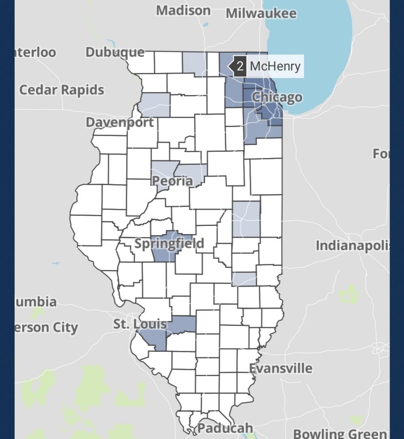The Illinois County Map of COVID-19 Positive Cases on March 18, 2020.