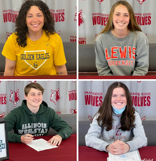 Four senior athletes recently signed letters of intent to continue playing at the next level. (from top left) Bella Crimaldi - softball for Rock Valley; Nichole Kiddy - softball for Lewis; Tyler Crawford - lacrosse for Illinois Wesleyan; and Chelsea Gale - soccer for UW-La Crosse.