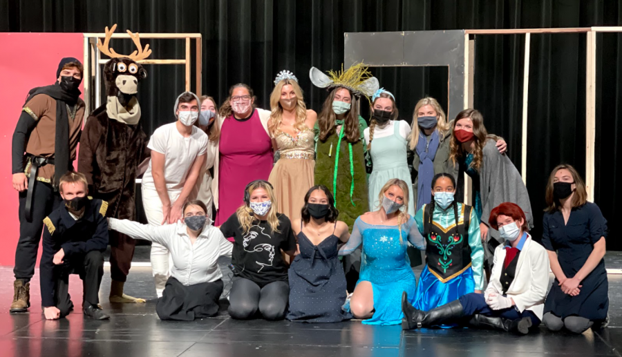 Cast and crew for this year's 12-hour senior musical of Frozen pose during the dress rehearsal.