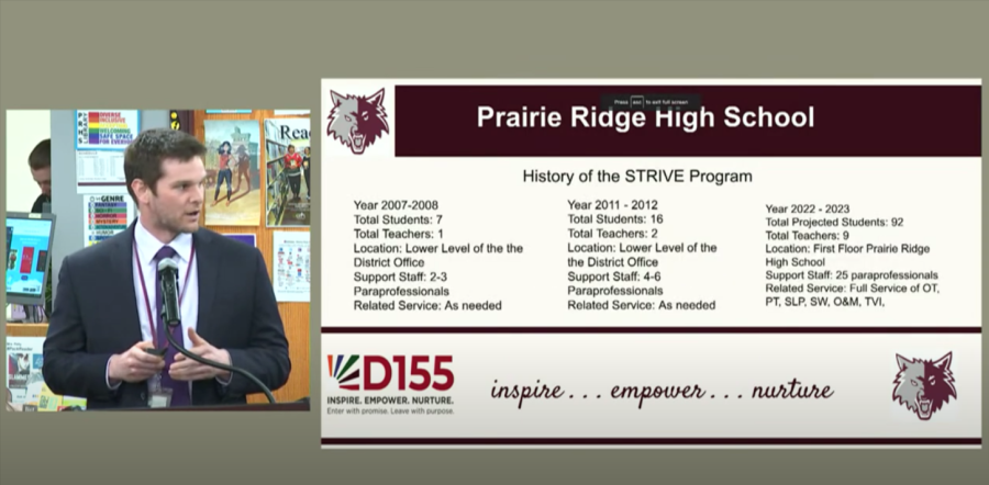 Matt Collins, Prairie Ridge division leader of special education, presented the history of the STRIVE program at the District 155 Board of Education meeting on April 18, 2022.