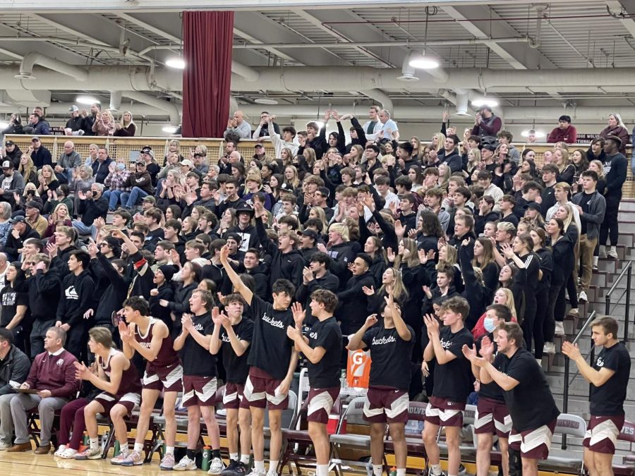 Prairie Ridge Boosters tweeted this photo of the superfan section at a boys' basketball game on February 25, 2022 with the caption 