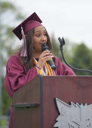 Prairie Ridge senior Heli Patel addresses her classmates at graduation on May 13, 2023.