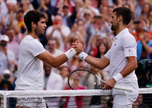 Carlos Alcaraz and Novak Djokovic shake hands after the 2023 Wimbledon. The PR tennis team predicts one of these players will win the Australian Open. Photo Credit: Reuters/Andrew Couldridge via livemint.com