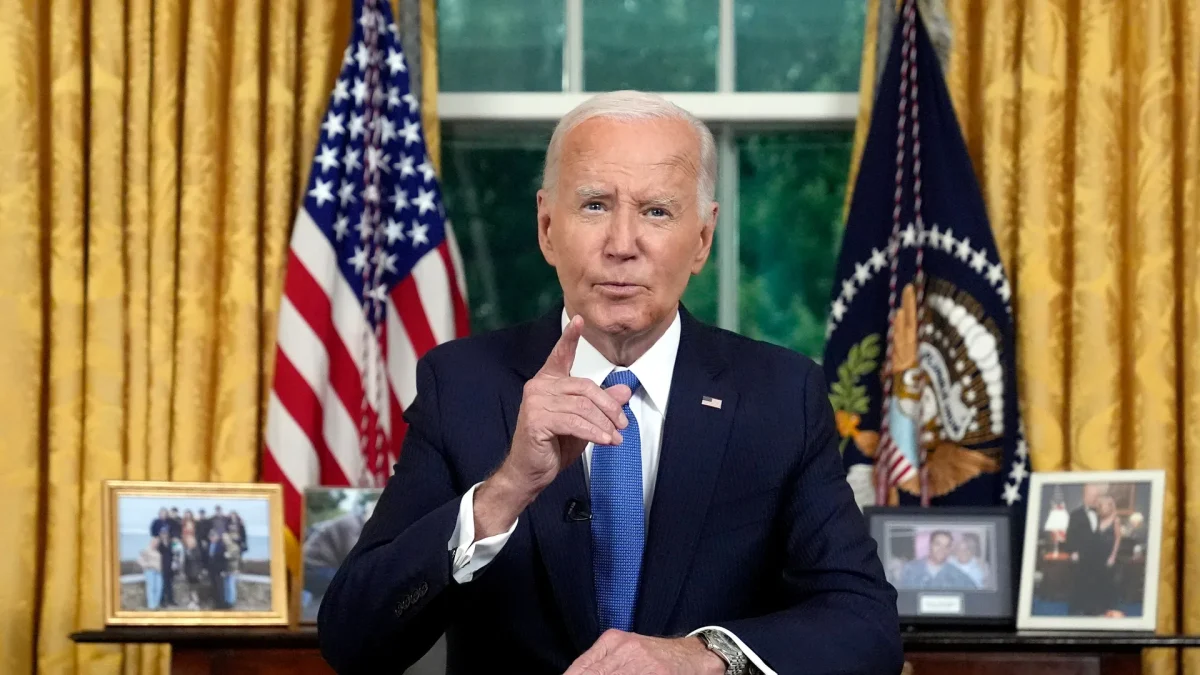 President Biden delivers a prime-time address to the nation in the Oval Office of the White House in Washington, D.C., on July 24. Evan Vucci/AP Photo/Bloomberg via Getty Images