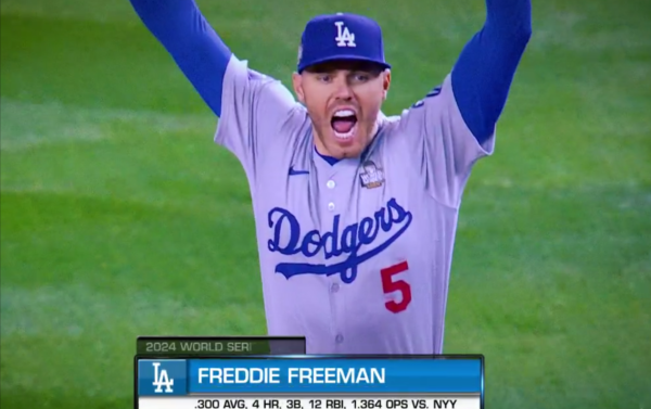 MVP Freddie Freeman celebrates the Dodgers 2024 World Series win. (via MLB.com)