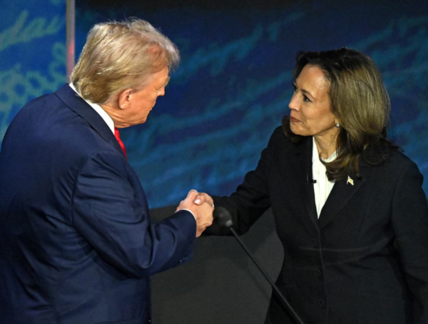 Donald Trump and Kamala Harris shake hands before the presidential debate September 10, 2024. (Photo Credit: ABC)