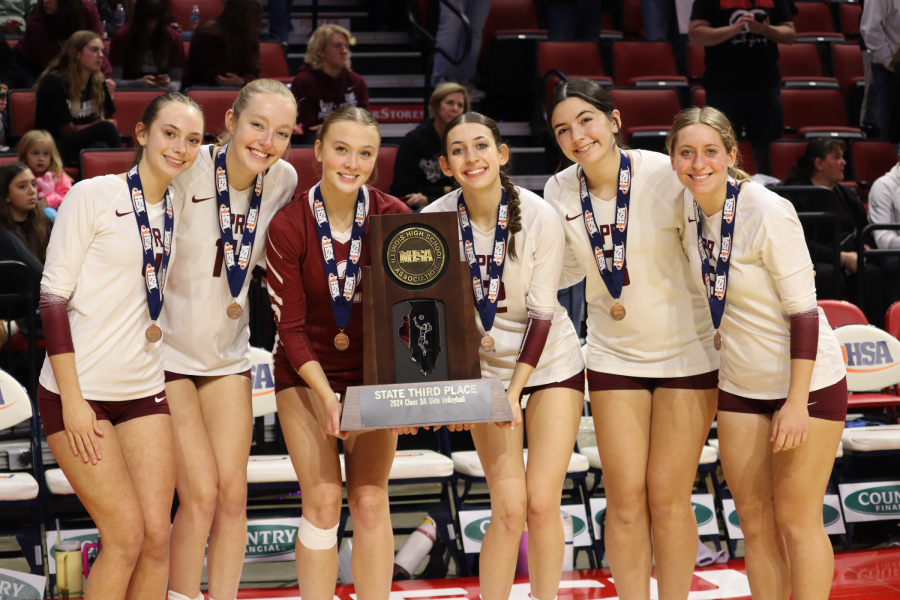 Seniors from the 2024 PR Varsity Volleyball Team pose with their 3rd place State trophy.