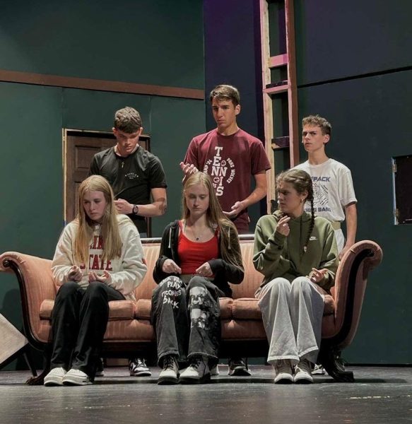 The cast of Clue rehearses before opening night on October 16, 2025. Photo Credit: Booster Club