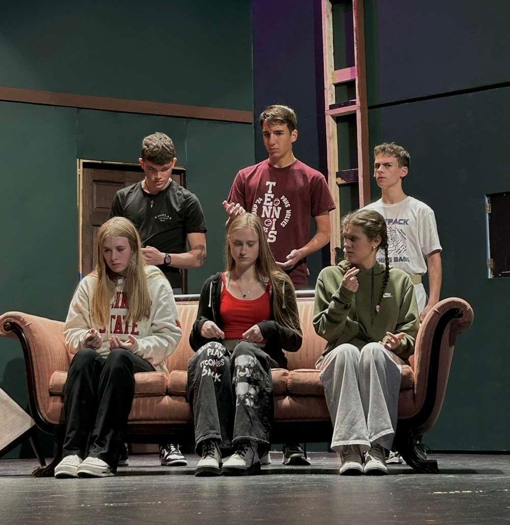 The cast of Clue rehearses before opening night on October 16, 2025. Photo Credit: Booster Club