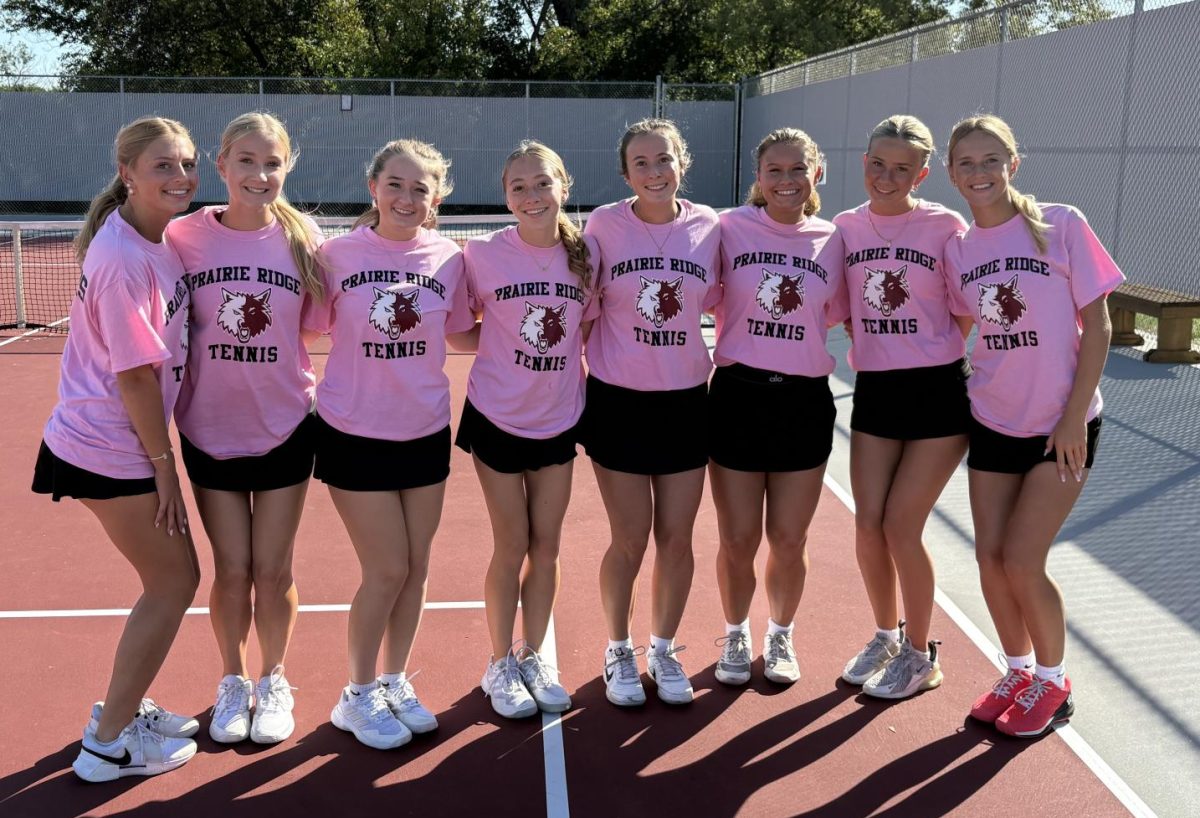 Girls Tennis seniors pose together on the court before Senior Night on September 30, 2025. Photo Credit: Erin Palese