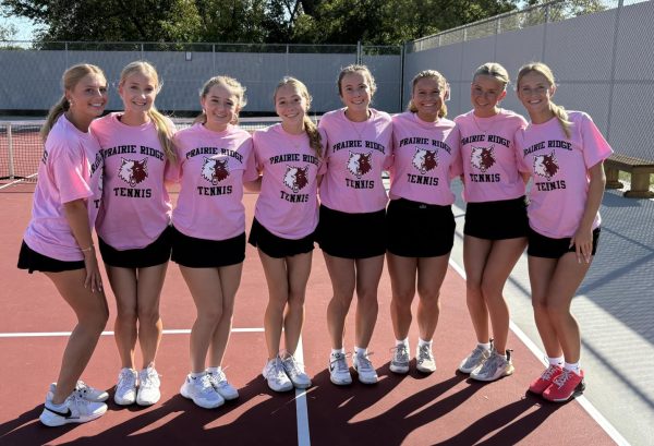 Girls Tennis seniors pose together on the court before Senior Night on September 30, 2025. Photo Credit: Erin Palese